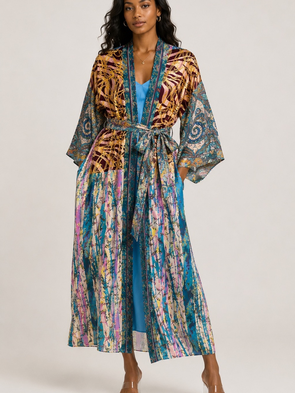 Long Printed Satin Kimono Robe in Teal Multi